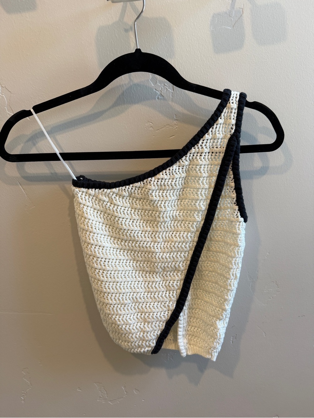 PacSun One-Shoulder Crochet Crop Top in White with Black Trim